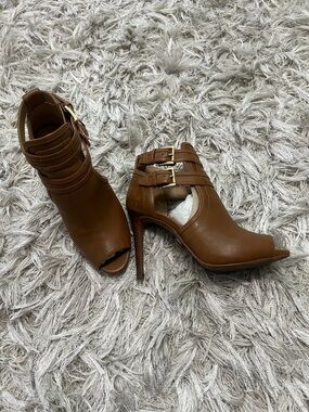 Michael Kors Cognac Brown Strappy Peep-Toe Stiletto Booties